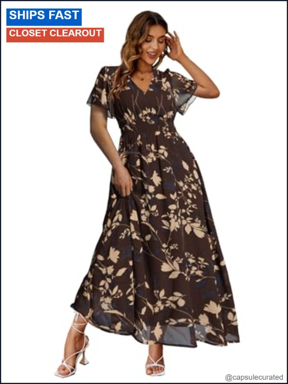 Boho Floral Maxi Dress V Neck Short Sleeve A Line Ruffle Wedding Guest